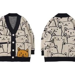 Streetgarm Cartoon Cat Print Knitted Cardigan NEW