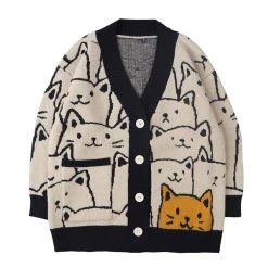 Streetgarm Cartoon Cat Print Knitted Cardigan NEW