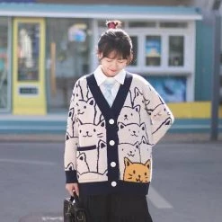 Streetgarm Cartoon Cat Print Knitted Cardigan NEW