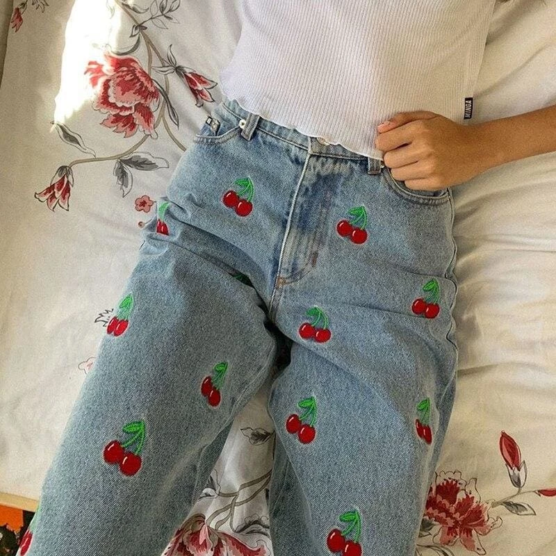 Streetgarm Cherry Embroidered High Waist Jeans NEW 7 Streetgarm Cherry Embroidered High Waist Jeans NEW
