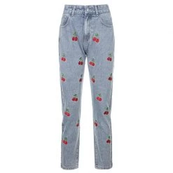 Streetgarm Cherry Embroidered High Waist Jeans NEW