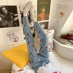 Streetgarm Cherry Embroidered High Waist Jeans NEW 10 Streetgarm Cherry Embroidered High Waist Jeans NEW