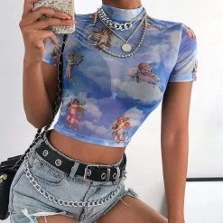 Streetgarm NEW Cherub Print Mesh Crop Top 13 Streetgarm NEW Cherub Print Mesh Crop Top