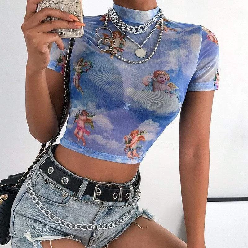 Streetgarm NEW Cherub Print Mesh Crop Top 5 Streetgarm NEW Cherub Print Mesh Crop Top