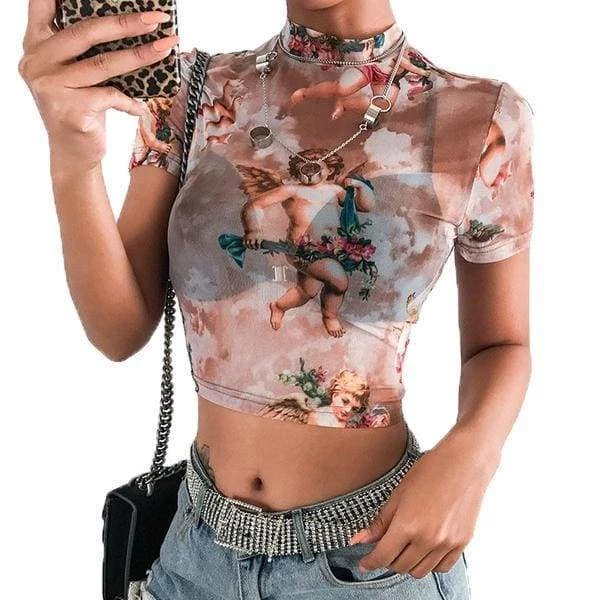 Streetgarm NEW Cherub Print Mesh Crop Top 3 Streetgarm NEW Cherub Print Mesh Crop Top