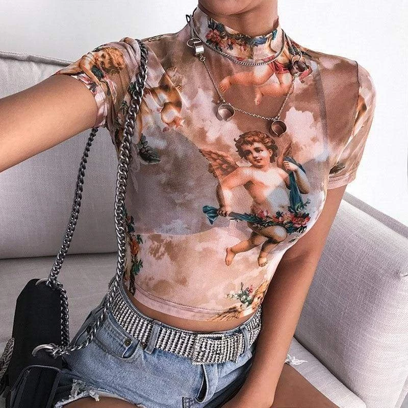 Streetgarm NEW Cherub Print Mesh Crop Top 9 Streetgarm NEW Cherub Print Mesh Crop Top