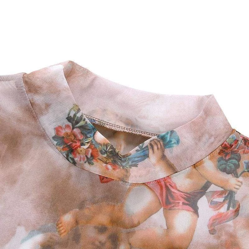 Streetgarm NEW Cherub Print Mesh Crop Top 6 Streetgarm NEW Cherub Print Mesh Crop Top