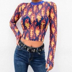 Streetgarm NEW Flame Print Mesh Crop Top 11 Streetgarm NEW Flame Print Mesh Crop Top