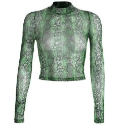 Streetgarm Green Snake High Neck Mesh Long Sleeve Crop Top NEW
