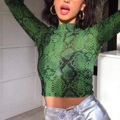 Streetgarm Green Snake High Neck Mesh Long Sleeve Crop Top NEW