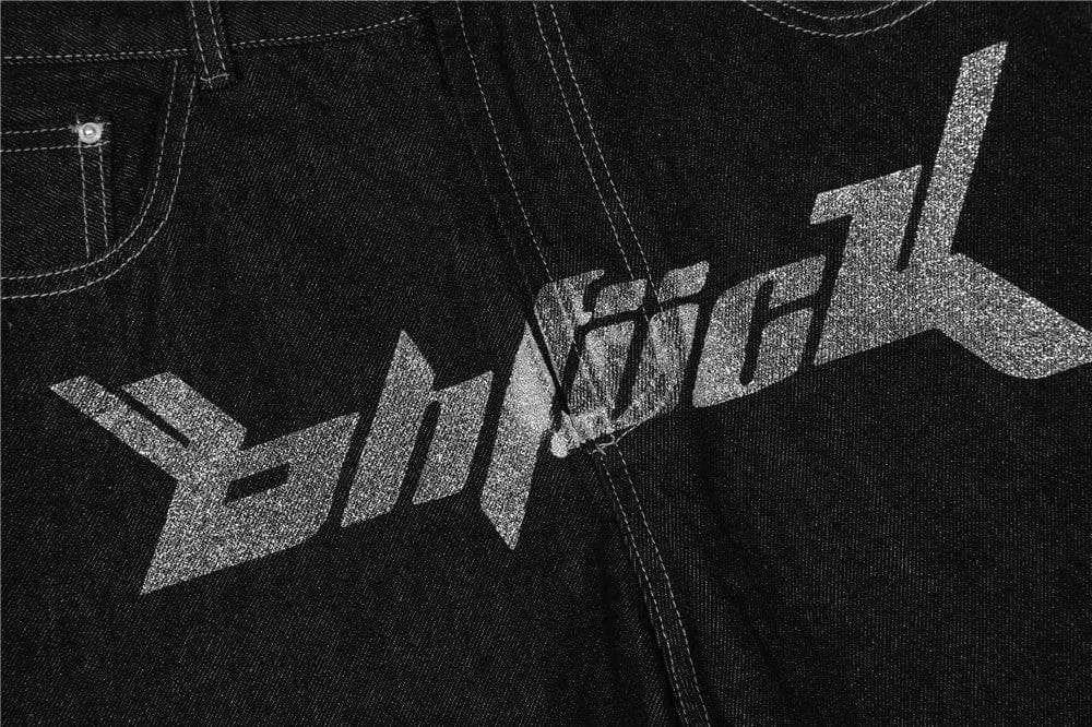 Streetgarm OhFuck Y2K Silver Print Denim Jeans NEW 12 Streetgarm OhFuck Y2K Silver Print Denim Jeans NEW