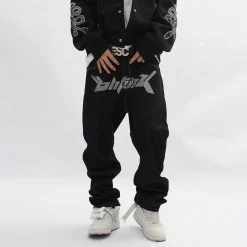 Streetgarm OhFuck Y2K Silver Print Denim Jeans NEW 20 Streetgarm OhFuck Y2K Silver Print Denim Jeans NEW