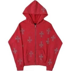 Streetgarm Unknown Cross Rhinestone Hoodie - Red NEW