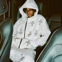 Streetgarm Unknown Cross Rhinestone Hoodie - White