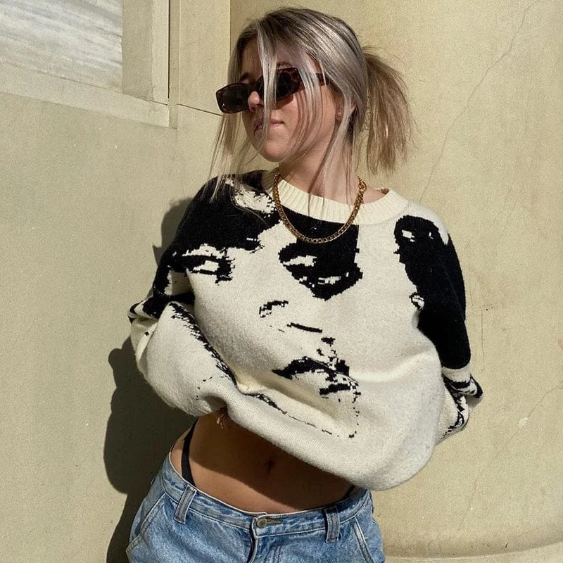 Streetgarm NEW Y2K Abstract Face Jumper 5 Streetgarm NEW Y2K Abstract Face Jumper